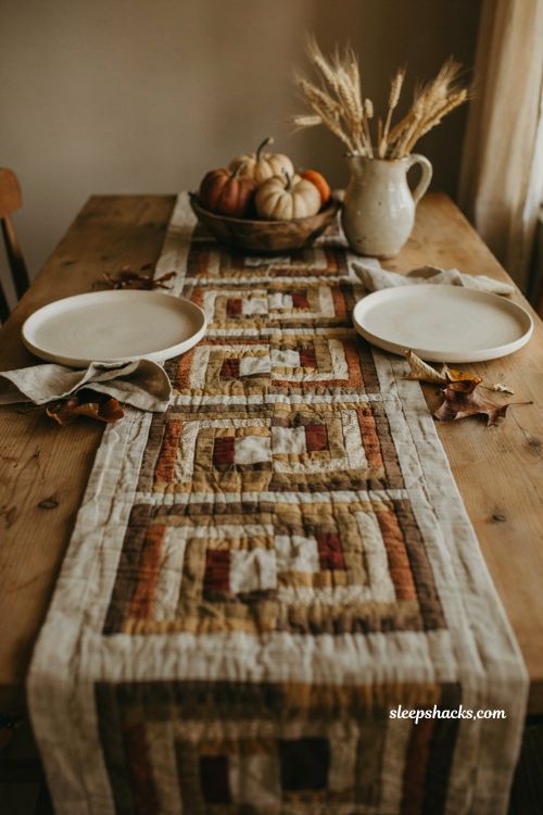 Fall table runner patterns with warm neutral log cabin quilt blocks 
