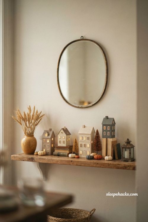 Fall village shelf display with miniature lit houses warm lights pumpkins and cozy entryway decor
