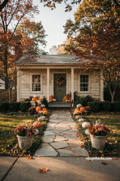 Fall walkway decor with pumpkins gourds mums and welcoming front porch