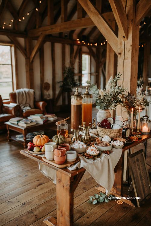 Fall wedding ideas with cozy hot chocolate and cider bar for rustic autumn reception