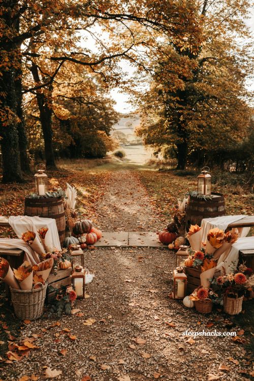 Fall wedding ideas with dried leaf wedding exit and rustic outdoor autumn decor