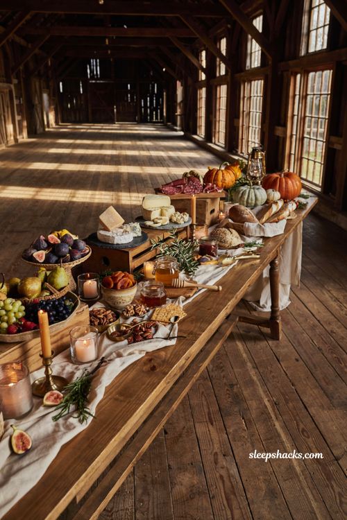 Fall wedding ideas with elegant harvest grazing table and rustic cocktail hour display