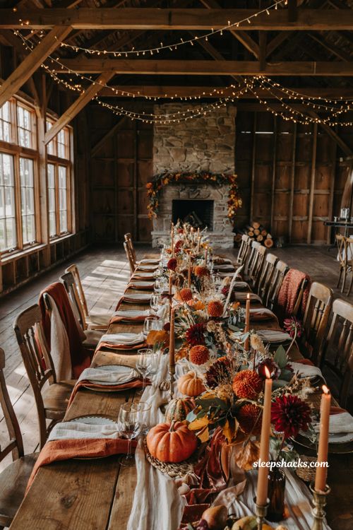 Fall wedding ideas with elegant rustic barn reception and cozy autumn tablescape decor