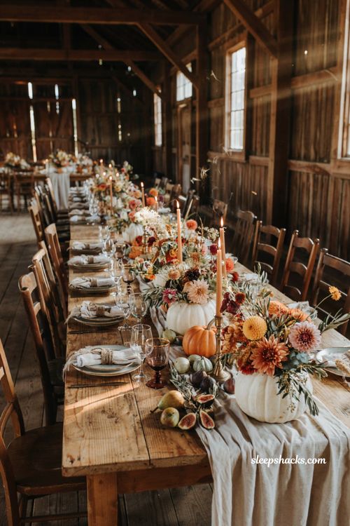 Fall wedding ideas with pumpkin flower vases and elegant harvest reception centerpiece decor