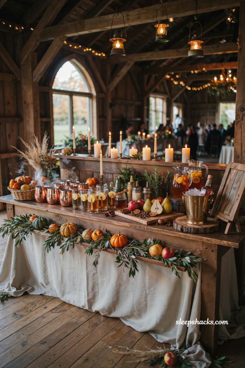 Fall wedding ideas with signature autumn cocktail bar and cozy harvest decor