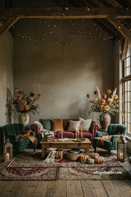Fall wedding ideas with velvet lounge seating and cozy rustic reception decor