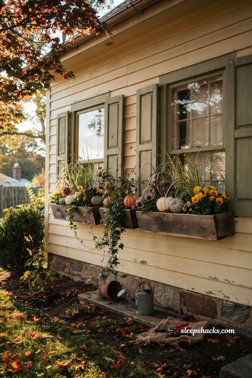 Fall window box ideas with pumpkins pansies ornamental grasses and autumn flowers