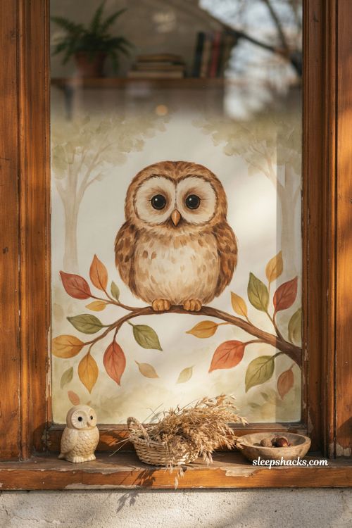 Fall window painting with friendly owl autumn leaves tree branch and woodland decor