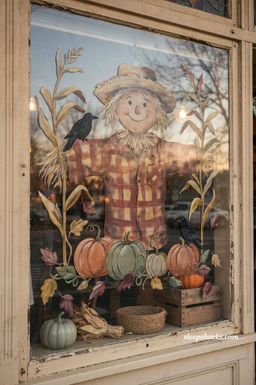 Fall window painting with friendly scarecrow pumpkins cornstalks and autumn harvest decor
