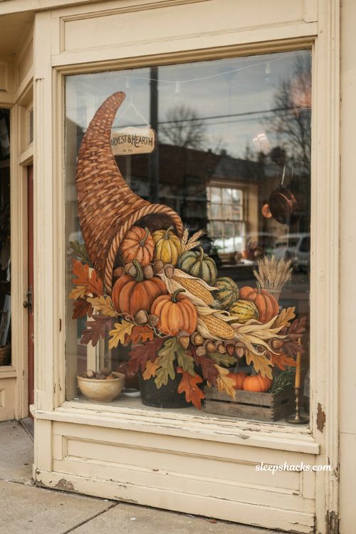 Fall window painting with harvest cornucopia pumpkins gourds corn leaves and Thanksgiving decor