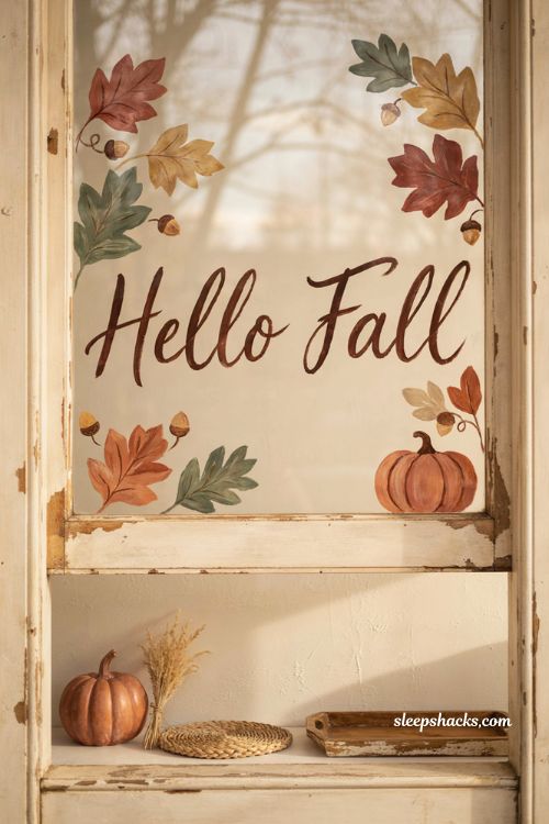 Fall window painting with hello fall lettering autumn leaves pumpkin and storefront decor