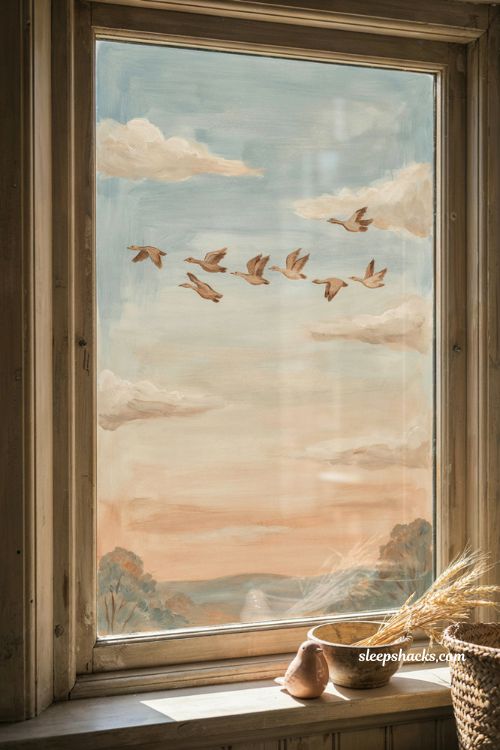 Fall window painting with migrating geese autumn sky and peaceful seasonal storefront decor