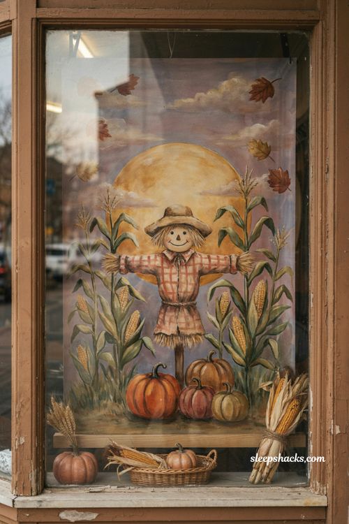 Fall window painting with scarecrow cornstalks harvest moon pumpkins and autumn storefront scene