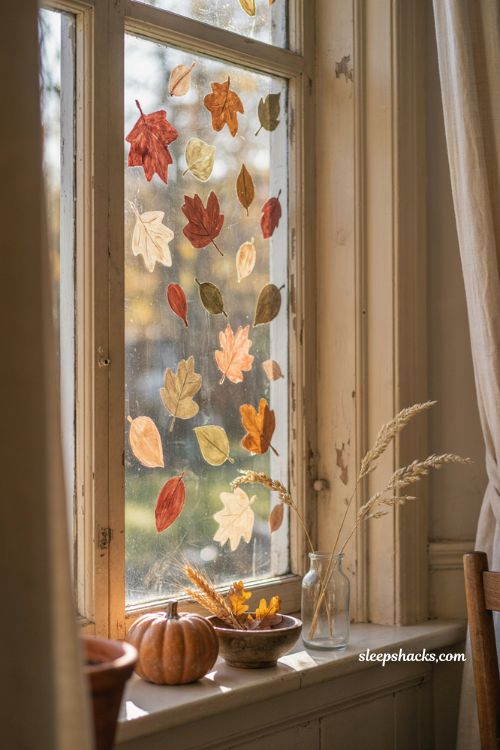 Fall window painting with scattered autumn leaves in red orange gold and brown