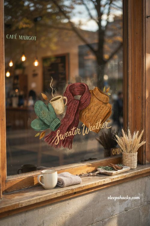 Fall window painting with sweater weather mittens scarf mug burgundy mustard and forest green