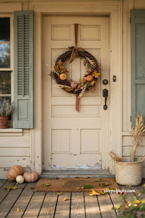 Fall wreath front door decor with grapevine wreath dried leaves wheat berries mini pumpkins and rustic autumn entryway 