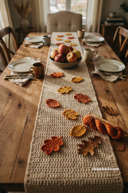 Falling leaves crochet table runner with rust and golden leaf motifs neutral crochet background cotton yarn and cozy autumn table decor 