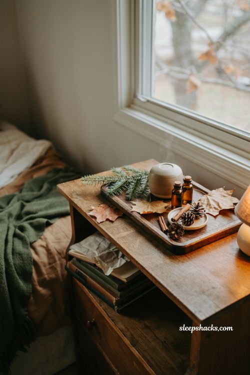 Falling leaves fall diffuser blend with sandalwood fir cinnamon and cozy bedroom decor