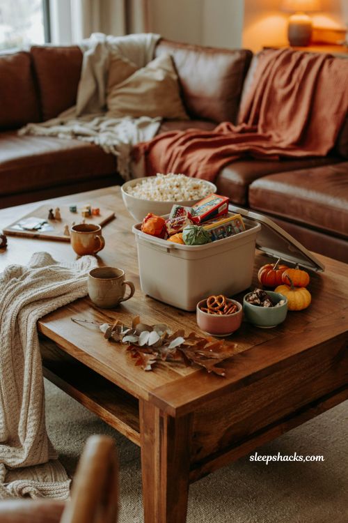 Family game night boo basket ideas with board games and cozy fall snacks