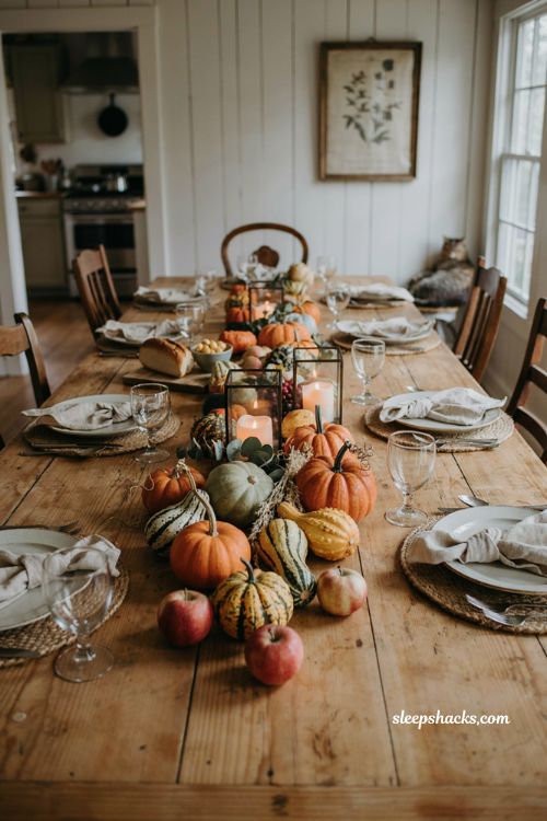 Farmers market Thanksgiving centerpiece with pumpkins gourds apples squash black lanterns and rustic autumn table decor 