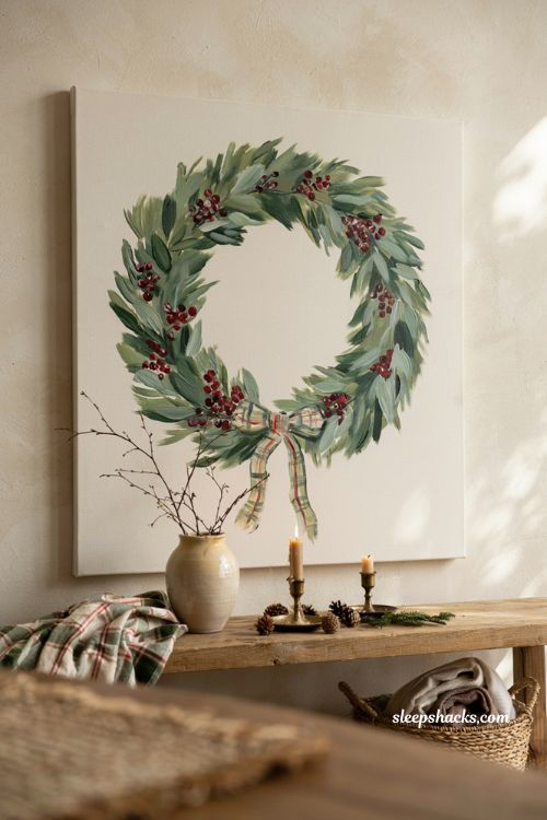 Farmhouse Christmas wreath painting with sage green berries and plaid ribbon