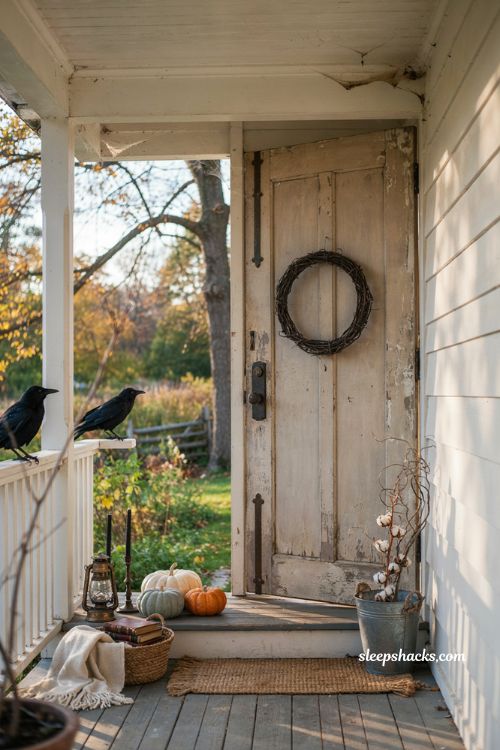 Farmhouse Halloween decor with neutral pumpkins rustic wood and subtle spooky accents