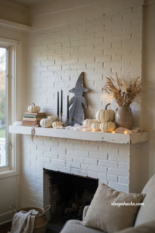 Farmhouse Halloween fireplace decor with witch sign and white pumpkins