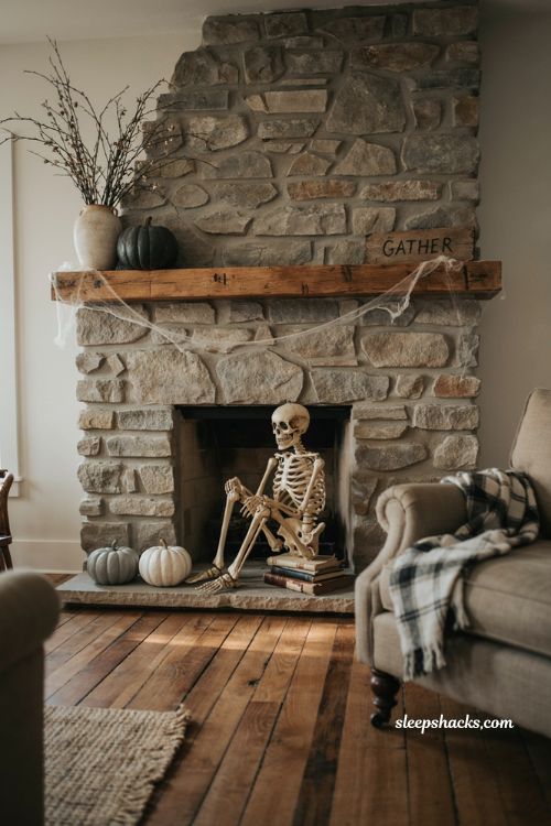 Farmhouse Halloween fireplace with skeleton cobwebs and neutral decor 
