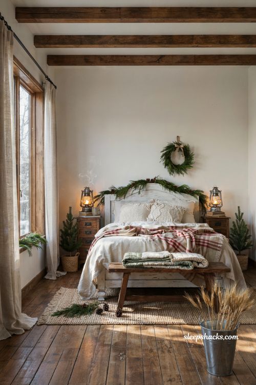 Farmhouse christmas bedroom decor with cozy plaid bedding, garland, candlelight and rustic holiday charm