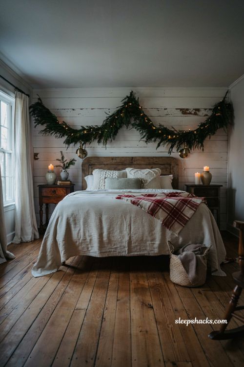 Farmhouse christmas bedroom headboard decorated with draped garland and cozy holiday lights