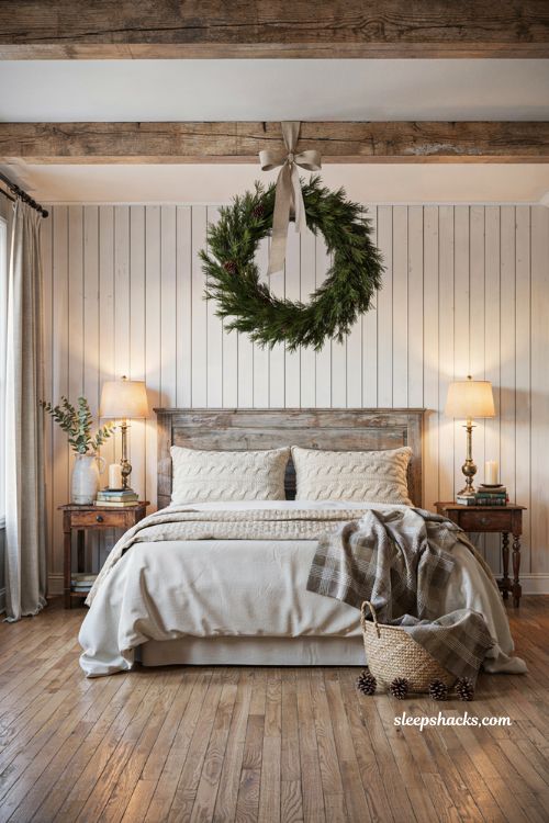 Farmhouse christmas bedroom with a fresh pine wreath and linen bow above the headboard