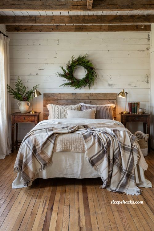 Farmhouse christmas bedroom with a neutral plaid blanket scarf layered across the bed