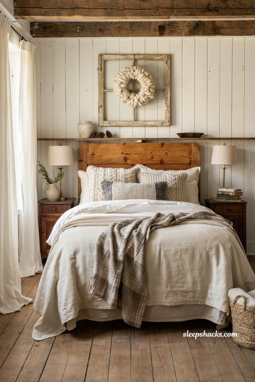 Farmhouse christmas bedroom with a pom pom wreath on a vintage window frame