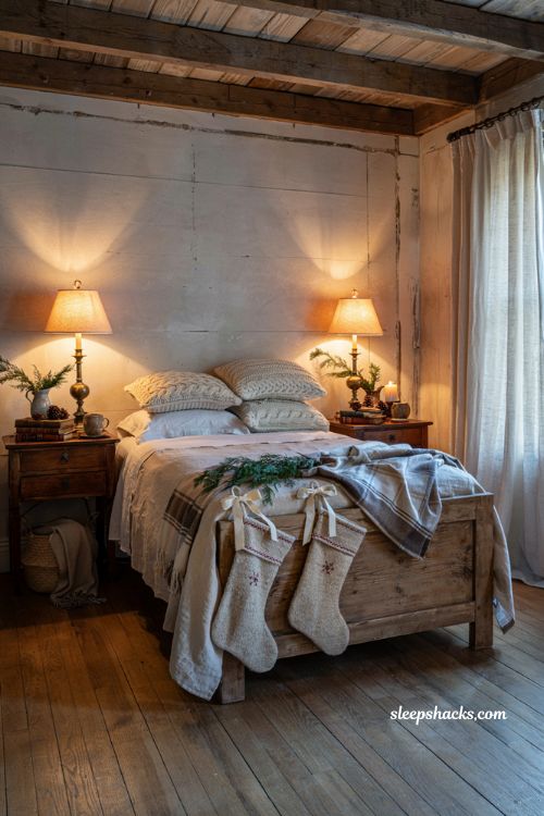 Farmhouse christmas bedroom with cozy stockings hanging from a reclaimed wood bed frame