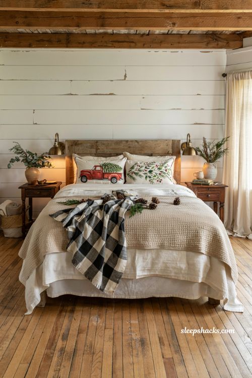 Farmhouse christmas bedroom with festive holiday pillow covers on neutral bedding