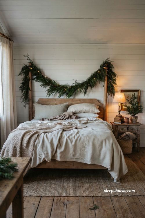 Farmhouse christmas bedroom with garland headboard and cozy holiday decor