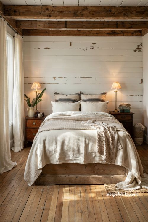 Farmhouse christmas bedroom with grainsack striped pillows and cozy neutral bedding