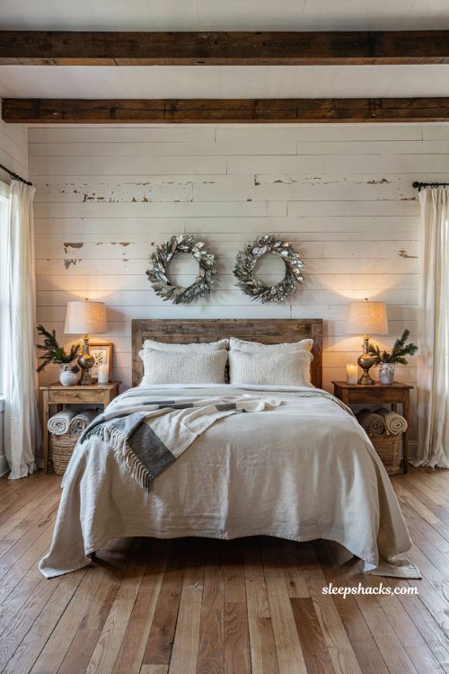 Farmhouse christmas bedroom with matching mercury glass wreaths above the headboard