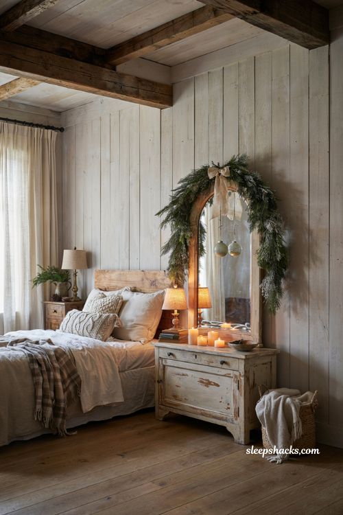 Farmhouse christmas bedroom with snowy cedar garland draped over a vintage mirror