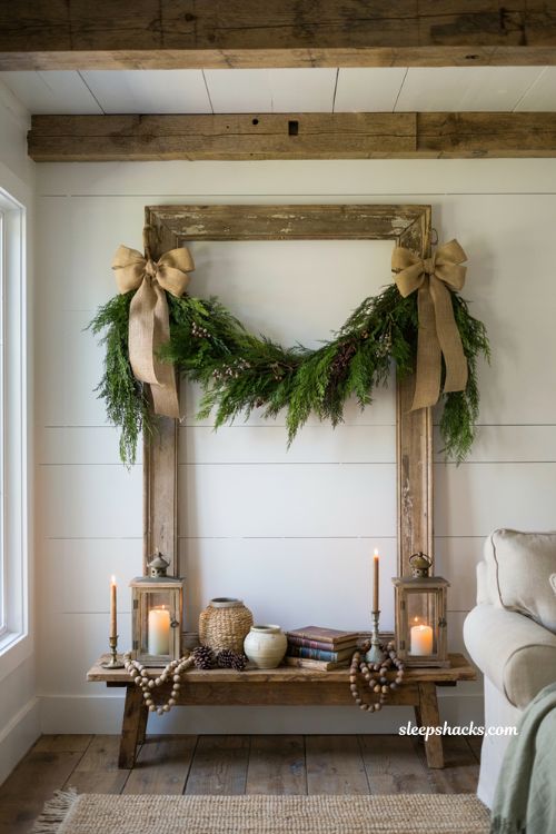 Farmhouse christmas decor with a handmade cypress and pine swag over a rustic doorway