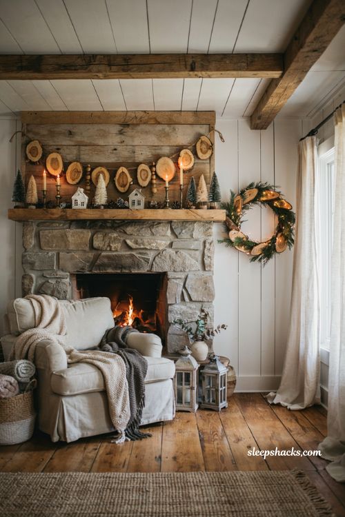 Farmhouse christmas decor with handmade wood slice garland and rustic natural ornaments