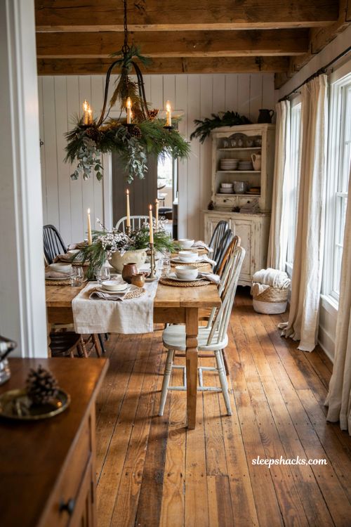 Farmhouse christmas dining room chandelier wrapped with fresh pine and eucalyptus greenery