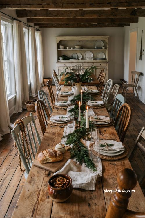 Farmhouse christmas dining room decor with a cozy reclaimed wood holiday tablescape
