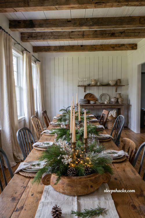 Farmhouse christmas dining table with a vintage dough bowl holiday centerpiece