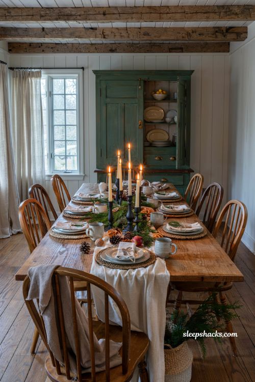 Farmhouse christmas dining table with candlelit pinecone centerpiece and greenery