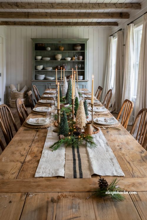 Farmhouse christmas dining table with layered linen burlap and plaid table runners