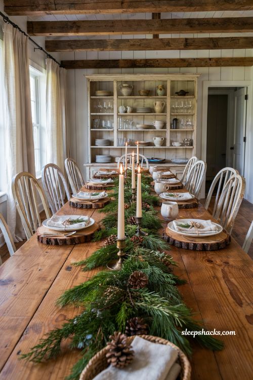 Farmhouse christmas dining table with rustic wood slice chargers and simple white dinnerware
