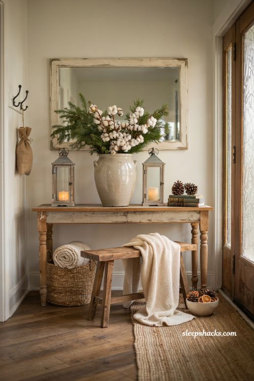 Farmhouse christmas entryway decor with cotton stems and rustic holiday greenery