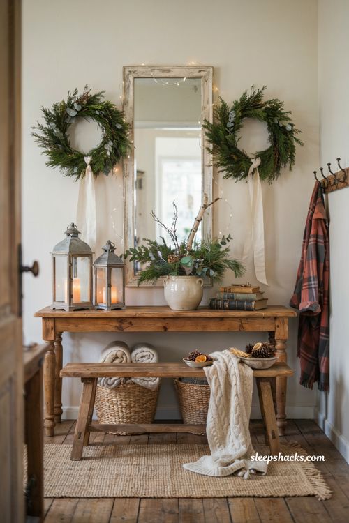 Farmhouse christmas entryway decor with evergreen wreaths framing a rustic entry mirror