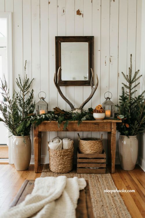 Farmhouse christmas entryway decor with flocked mini tree in cozy entry corner